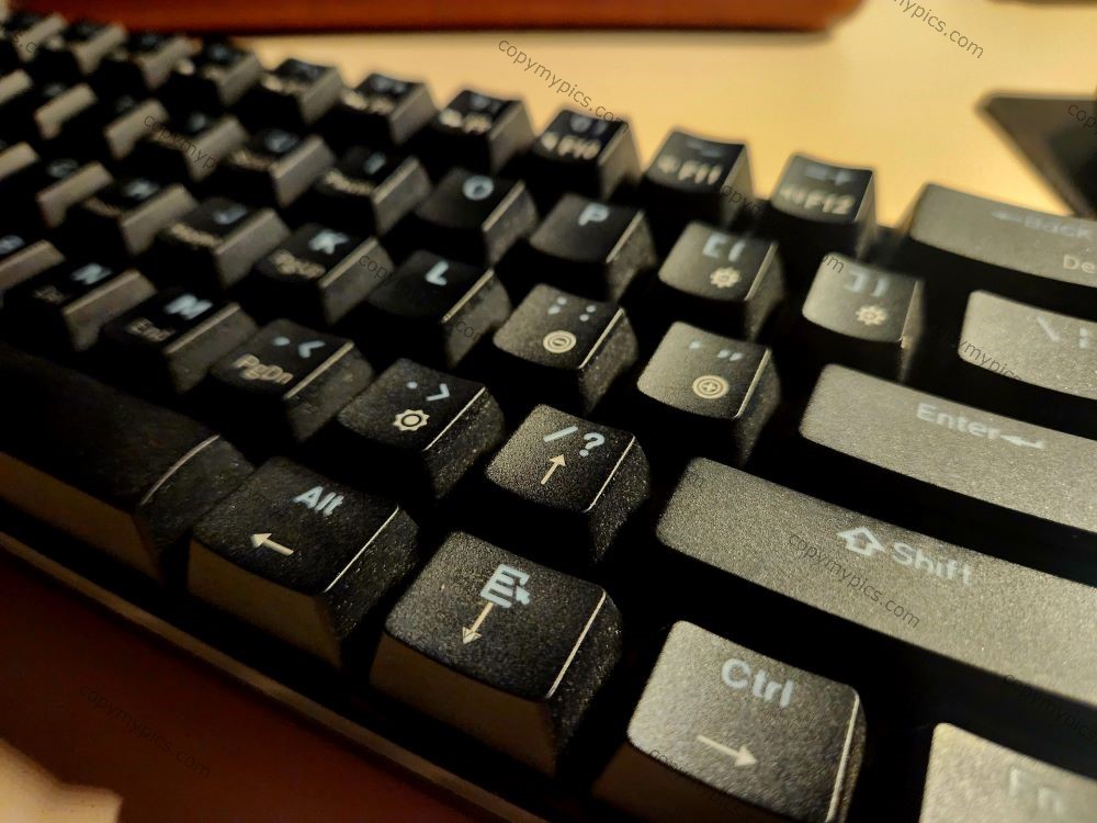 A computer keyboard shot in a diagonal style.